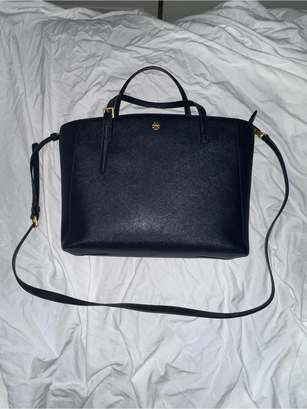 Tory Burch Navy Emerson Small Tote Leather Satchel with Crossbody Strap